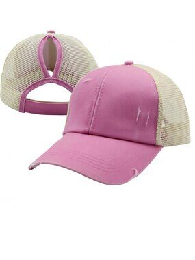 〽️Women Distressed Pink High Ponytail Baseball Trucker Bad Hair Day Adjustable